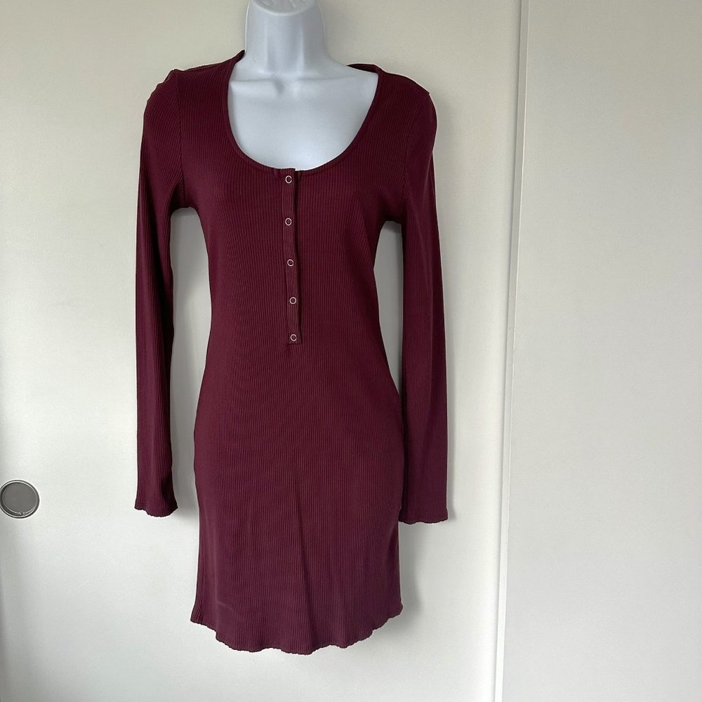 Lulu's Scoop Neck Henley Dress - Maroon - L
